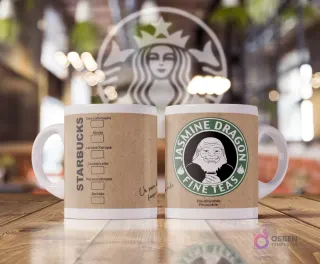 Taza blanca sublimada con diseño estilo Starbucks con fondo de papel kraft. Un lado muestra opciones de bebida. El otro lado tiene un logo verde de Starbucks con el Tío Iroh de Avatar y texto 'Jasmine Dragon Fine Teas'.