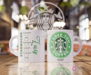 Taza blanca sublimada con diseño estilo Starbucks. Un lado muestra opciones de bebida y el nombre 'Luis' en verde brillante. El otro lado tiene un logo verde brillante de Starbucks con sirena y texto 'I Love You Coffee'.