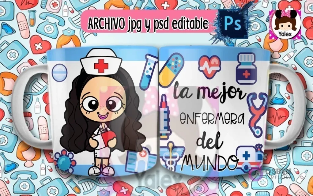 Taza de sublimación con diseño de enfermera caricatura de cabello oscuro sonriente con uniforme rosa, sosteniendo un corazón, sobre fondo azul de iconos médicos y texto 'La mejor enfermera del mundo'.