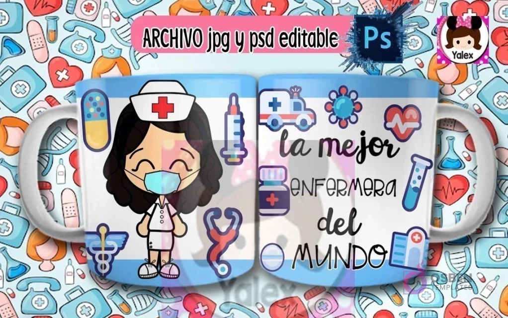 Taza de sublimación con diseño de enfermera caricatura de cabello oscuro usando mascarilla, sosteniendo un portapapeles, sobre fondo azul de iconos médicos y texto 'La mejor enfermera del mundo'.