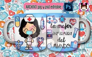 Taza de sublimación con diseño de enfermera caricatura de cabello oscuro usando mascarilla, sosteniendo un portapapeles, sobre fondo azul de iconos médicos y texto 'La mejor enfermera del mundo'.