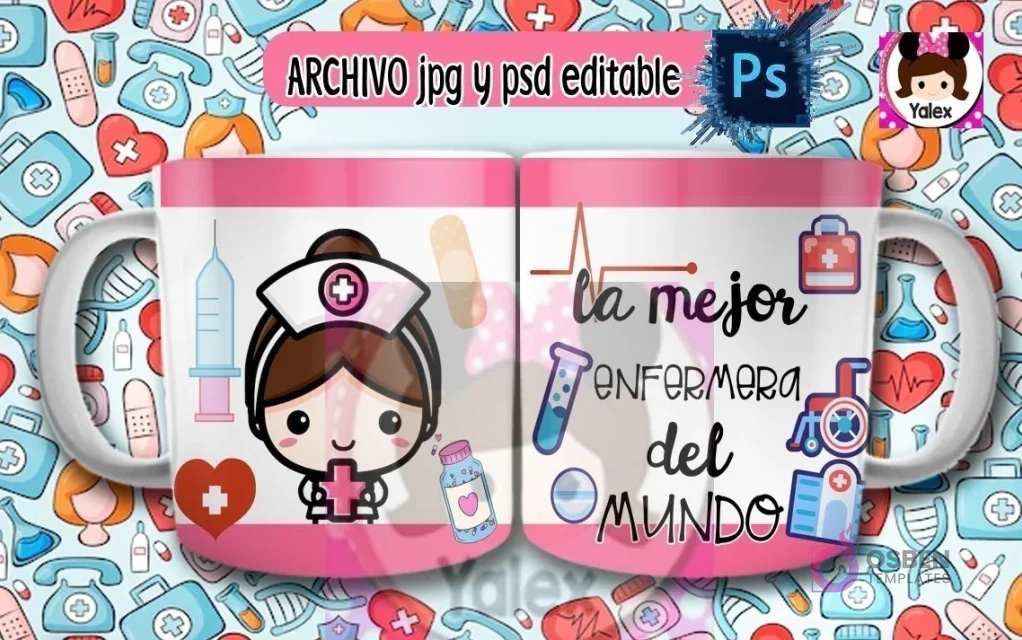 Taza de sublimación con diseño de enfermera caricatura de cabello oscuro recogido, sosteniendo un corazón rojo, sobre fondo rosa de iconos médicos y texto 'La mejor enfermera del mundo'.