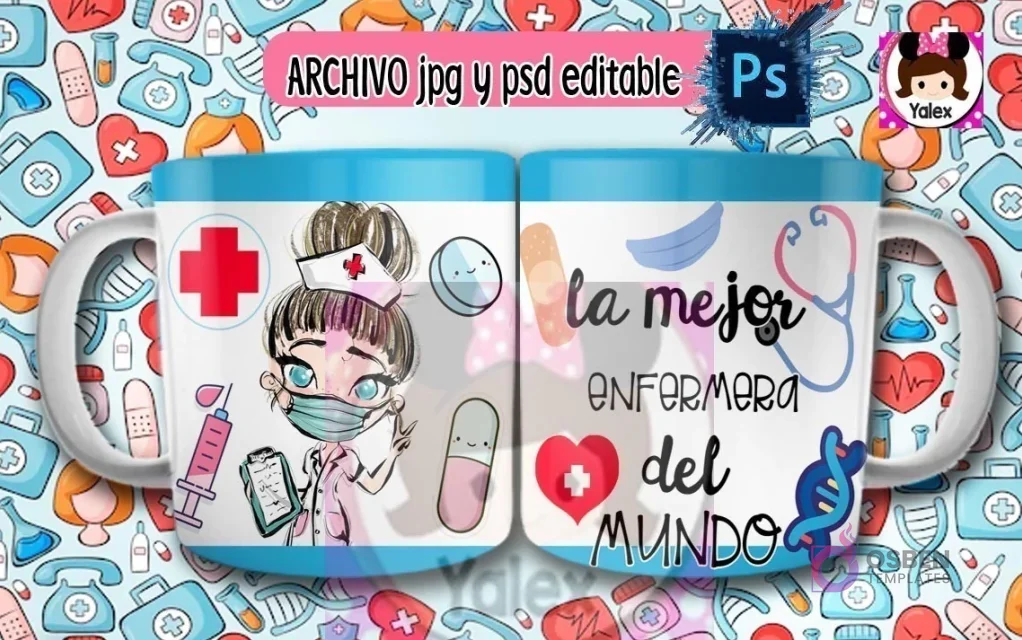 Taza de sublimación con diseño de enfermera ilustrada de cabello rizado oscuro con mascarilla y portapapeles, sobre fondo azul de iconos médicos y texto 'La mejor enfermera del mundo'.