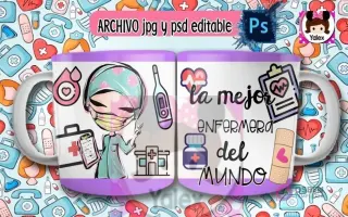 Taza de sublimación con diseño de enfermera caricatura con gorro quirúrgico y mascarilla, sosteniendo un maletín médico, sobre fondo morado de iconos médicos y texto 'La mejor enfermera del mundo'.