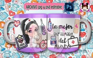 Taza de sublimación con diseño de enfermera caricatura de cabello oscuro con cola, mostrando fuerza y sosteniendo portapapeles, sobre fondo morado de iconos médicos y texto 'La mejor enfermera del mundo'.