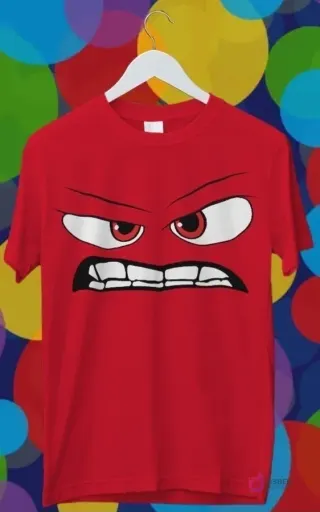 Diseño para sublimación de Furia de Intensamente 2, rostro rojo con ojos enojados y dientes apretados en una polera roja intensa.