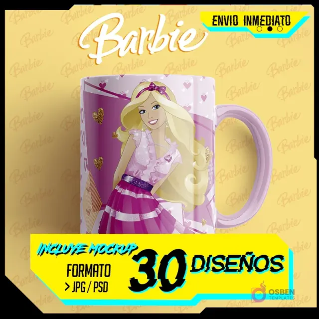 Taza sublimada con diseño de Barbie vestida de rosa, con detalles de corazones. Incluye texto 'ENVIO INMEDIATO', 'INCLUYE MOCKUP', '30 DISEÑOS'.