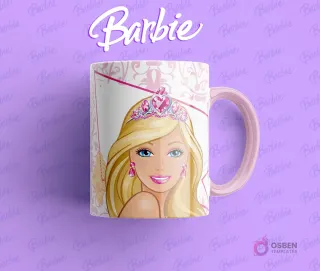 Taza sublimada con Barbie rubia usando una tiara brillante, sobre fondo lila con textura de Barbie.