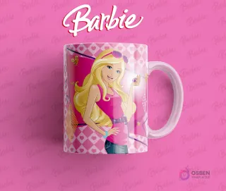 Taza sublimada con Barbie posando en un top rosa y jeans, con gafas de sol en la cabeza, fondo rosa y patrones de diamantes.