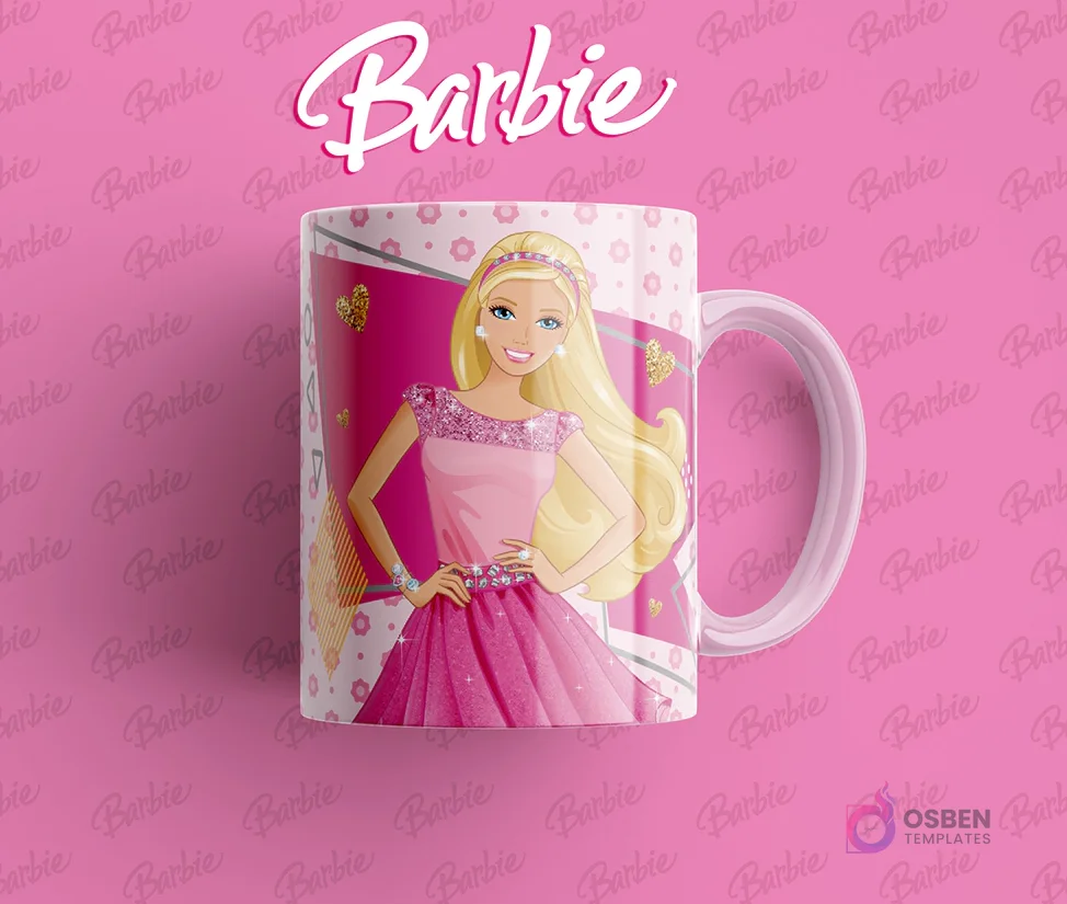 Taza sublimada con Barbie en un elegante vestido rosa brillante, con fondo de corazones y destellos dorados.