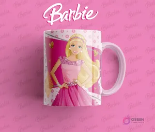 Taza sublimada con Barbie en un elegante vestido rosa brillante, con fondo de corazones y destellos dorados.