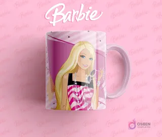 Taza sublimada con Barbie en un top a rayas rosadas y blancas, con gafas de sol en la mano, fondo geométrico vibrante.