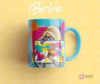 Taza sublimada con Barbie artista, con gafas y diadema, sosteniendo un lienzo con salpicaduras de pintura coloridas, fondo turquesa y amarillo.