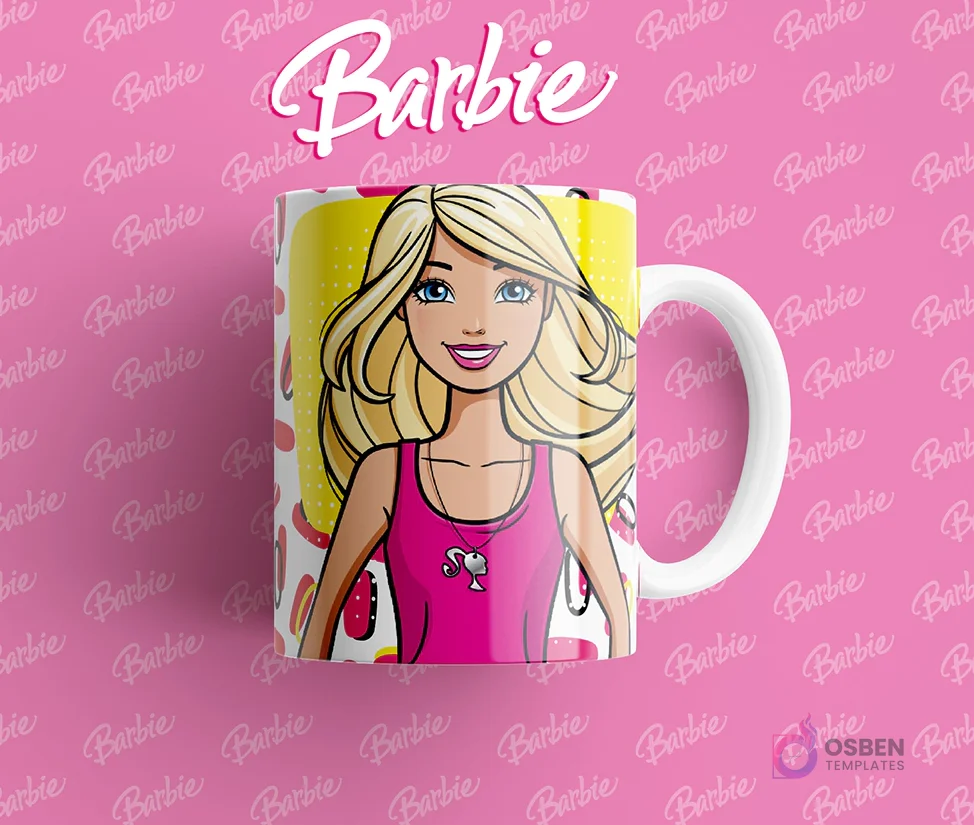 Taza sublimada con Barbie en un top rosa, sonriendo, con un fondo de frutas y puntos de estilo pop art.