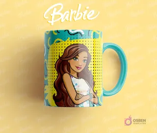 Taza sublimada con una amiga de Barbie de cabello castaño, con los brazos cruzados, estilo pop art, fondo turquesa y amarillo.