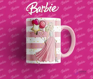 Taza sublimada con Barbie en una elegante falda larga rosa, sosteniendo globos de fiesta, fondo a rayas rosas y blancas con destellos dorados.