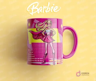 Taza sublimada con Barbie como una superheroína, con antifaz y capa rosa, en una pose de acción, fondo de luces y patrones geométricos.