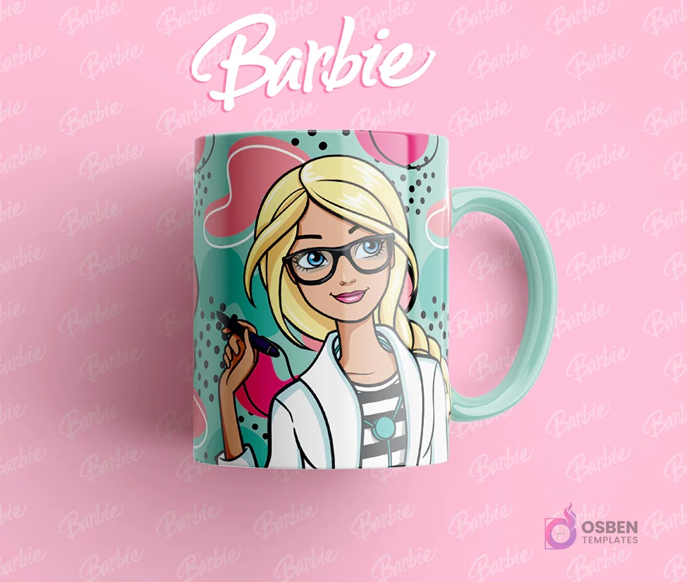 Taza sublimada con Barbie con gafas y bata blanca, sujetando un bolígrafo, representando una científica o doctora, fondo abstracto.
