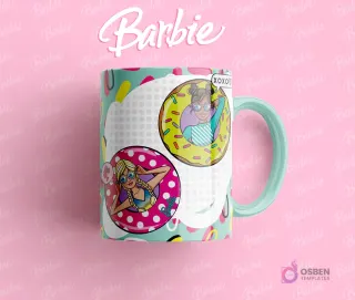 Taza sublimada con dos amigas de Barbie en flotadores (donut y flotador de piscina), en un estilo veraniego y divertido.