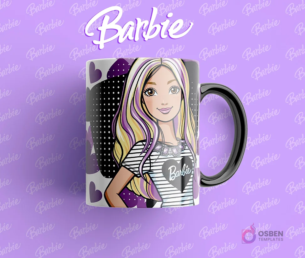 Taza con asa negra y diseño de amiga de Barbie con cabello morado y rubio, con un top a rayas y collar de corazón, fondo oscuro con corazones.