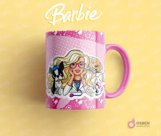 Taza sublimada con Barbie veterinaria, con gafas rosas, rodeada de un bulldog francés, un cachorro y un gato, fondo rosa con estetoscopios.