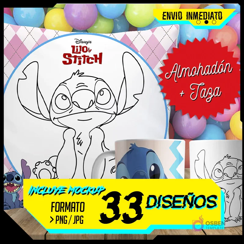 Cojín y tazas con diseño de Lilo & Stitch para pintar, sobre fondo de bolas de colores. Un cojín muestra a Stitch en blanco y negro, y dos tazas, una a color y otra para colorear.