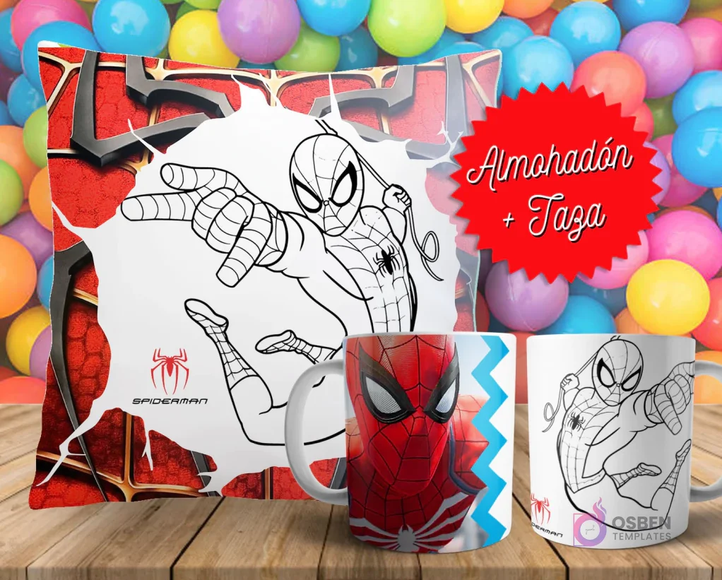 Cojín y tazas con diseño de Spider-Man para pintar, sobre fondo de bolas de colores. Un cojín muestra a Spider-Man en blanco y negro, y dos tazas, una a color y otra para colorear.