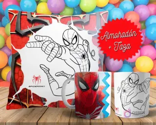 Cojín y tazas con diseño de Spider-Man para pintar, sobre fondo de bolas de colores. Un cojín muestra a Spider-Man en blanco y negro, y dos tazas, una a color y otra para colorear.
