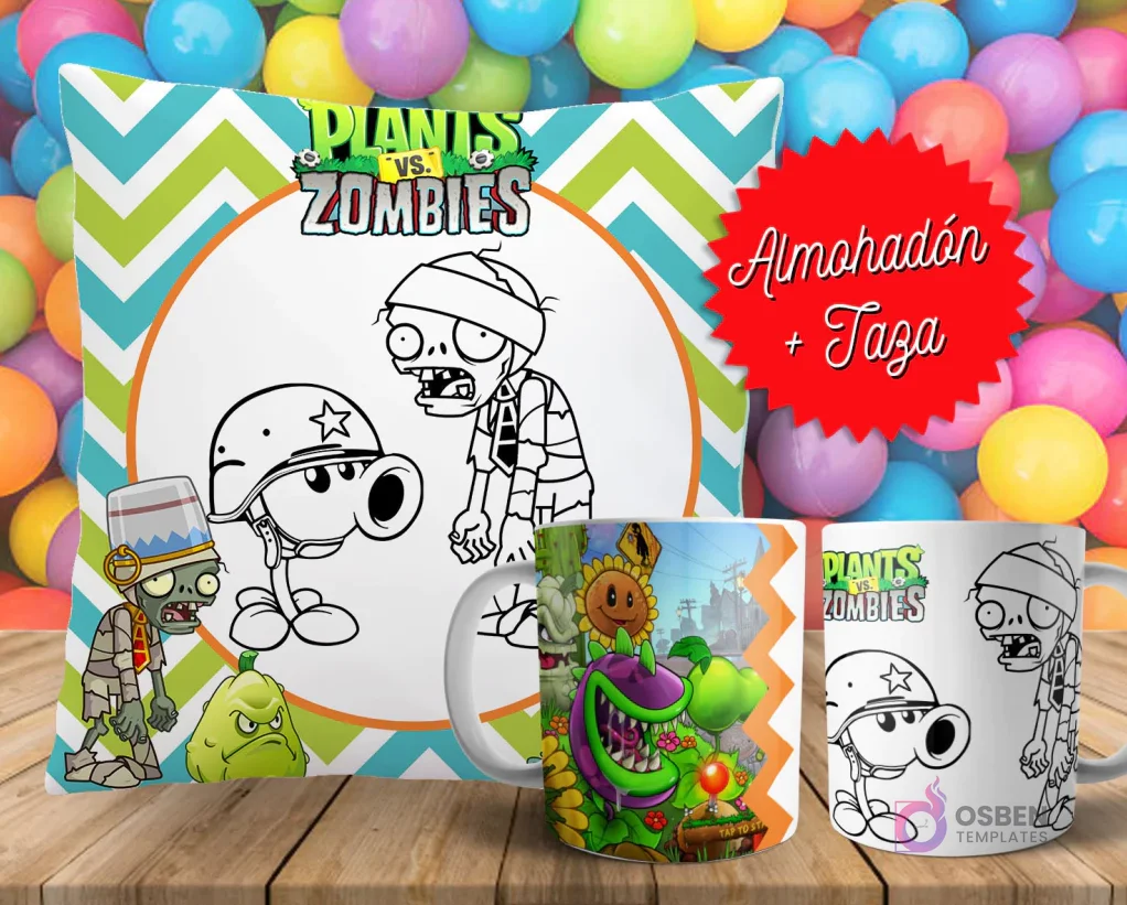 Cojín y tazas con diseño de Plants vs. Zombies para pintar, sobre fondo de bolas de colores. Un cojín muestra a los personajes en blanco y negro, y dos tazas, una a color y otra para colorear.