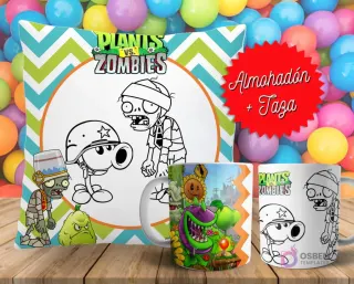 Cojín y tazas con diseño de Plants vs. Zombies para pintar, sobre fondo de bolas de colores. Un cojín muestra a los personajes en blanco y negro, y dos tazas, una a color y otra para colorear.