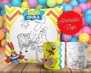 Cojín y tazas con diseño de Bob Esponja para pintar, sobre fondo de bolas de colores. Un cojín muestra a Bob Esponja y Patricio en blanco y negro, y dos tazas, una a color y otra para colorear.