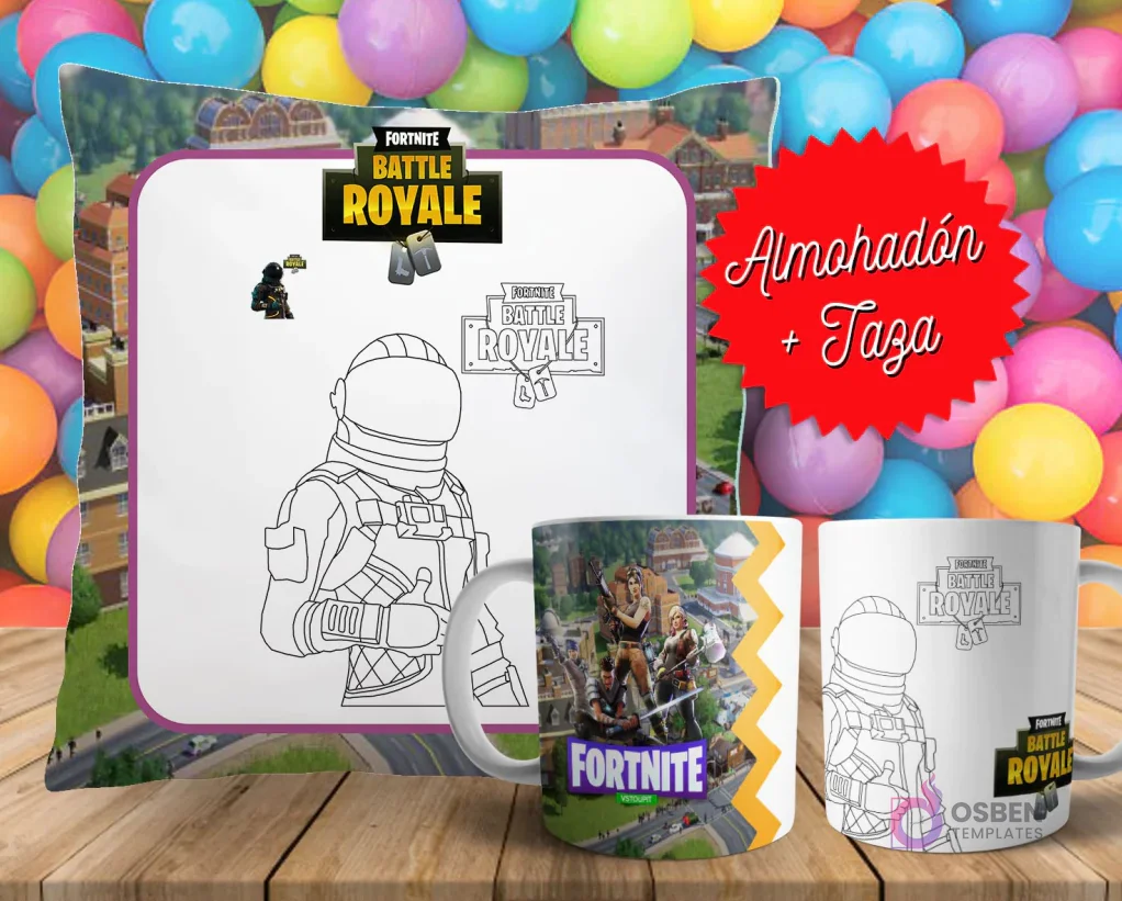 Cojín y tazas con diseño de Fortnite para pintar, sobre fondo de bolas de colores. Un cojín muestra a un personaje en blanco y negro, y dos tazas, una a color y otra para colorear.