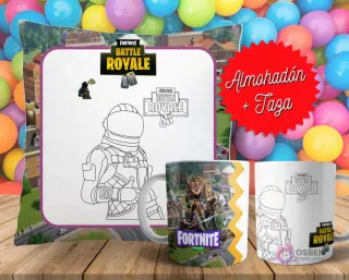 Cojín y tazas con diseño de Fortnite para pintar, sobre fondo de bolas de colores. Un cojín muestra a un personaje en blanco y negro, y dos tazas, una a color y otra para colorear.