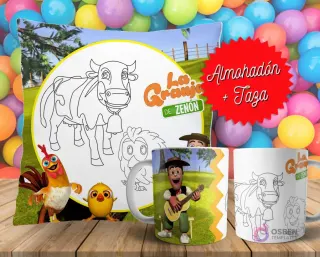 Cojín y tazas con diseño de La Granja de Zenón para pintar, sobre fondo de bolas de colores. Un cojín muestra a la vaca y otros animales en blanco y negro, y dos tazas, una a color y otra para colorear.