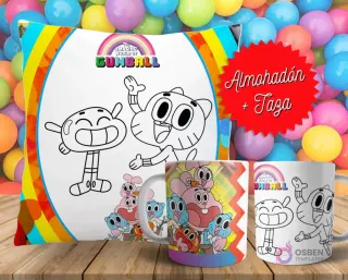 Cojín y tazas con diseño de Gumball para pintar, sobre fondo de bolas de colores. Un cojín muestra a Gumball y Darwin en blanco y negro, y dos tazas, una a color y otra para colorear.