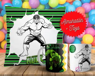 Cojín y tazas con diseño de Hulk para pintar, sobre fondo de bolas de colores. Un cojín muestra a Hulk en blanco y negro, y dos tazas, una a color y otra para colorear.