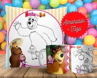 Cojín y tazas con diseño de Masha y el Oso para pintar, sobre fondo de bolas de colores. Un cojín muestra a Masha y el Oso en blanco y negro, y dos tazas, una a color y otra para colorear.