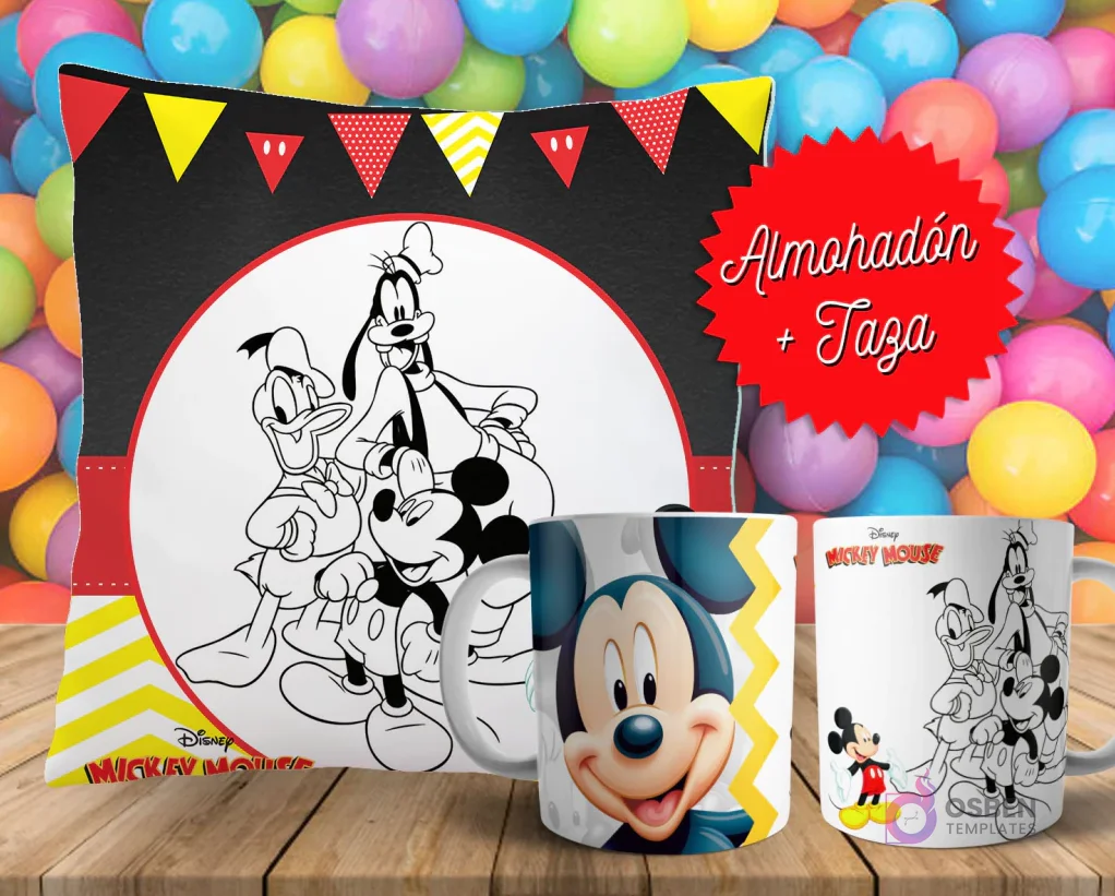 Cojín y tazas con diseño de Mickey Mouse, Donald y Goofy para pintar, sobre fondo de bolas de colores. Un cojín muestra a los personajes en blanco y negro, y dos tazas, una a color y otra para colorear.
