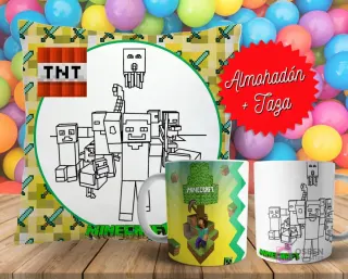 Cojín y tazas con diseño de Minecraft para pintar, sobre fondo de bolas de colores. Un cojín muestra personajes y elementos en blanco y negro, y dos tazas, una a color y otra para colorear.