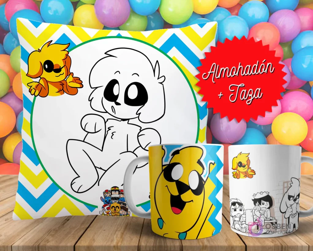 Cojín y tazas con diseño de Mikecrack para pintar, sobre fondo de bolas de colores. Un cojín muestra a Mikecrack en blanco y negro, y dos tazas, una a color y otra para colorear.