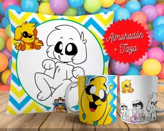 Cojín y tazas con diseño de Mikecrack para pintar, sobre fondo de bolas de colores. Un cojín muestra a Mikecrack en blanco y negro, y dos tazas, una a color y otra para colorear.