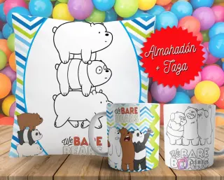 Cojín y tazas con diseño de We Bare Bears para pintar, sobre fondo de bolas de colores. Un cojín muestra a los tres osos en blanco y negro, y dos tazas, una a color y otra para colorear.