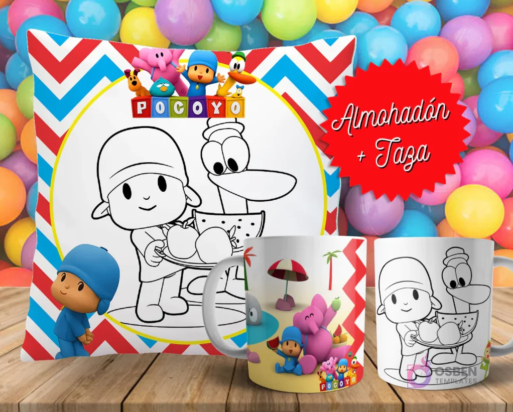 Cojín y tazas con diseño de Pocoyó para pintar, sobre fondo de bolas de colores. Un cojín muestra a Pocoyó y Pato en blanco y negro, y dos tazas, una a color y otra para colorear.