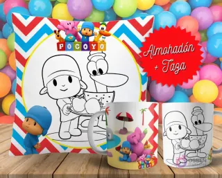 Cojín y tazas con diseño de Pocoyó para pintar, sobre fondo de bolas de colores. Un cojín muestra a Pocoyó y Pato en blanco y negro, y dos tazas, una a color y otra para colorear.