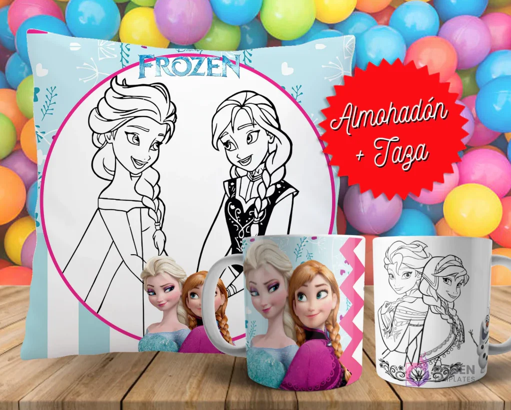 Cojín y tazas con diseño de Frozen (Elsa y Anna) para pintar, sobre fondo de bolas de colores. Un cojín muestra a las princesas en blanco y negro, y dos tazas, una a color y otra para colorear.