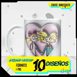 Mug blanco con diseño de sublimación 3D inflado de Hey Arnold y Helga tomados de la mano dentro de un corazón rosa, con texto promocional sobre envío inmediato y formato PNG.