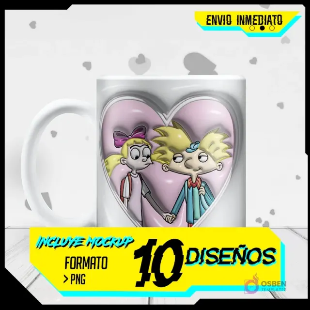 Mug blanco con diseño de sublimación 3D inflado de Hey Arnold y Helga tomados de la mano dentro de un corazón rosa, con texto promocional sobre envío inmediato y formato PNG.