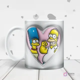 Mug blanco con diseño de sublimación 3D inflado de Homer y Marge Simpson sonriendo y abrazados dentro de un corazón rosa.