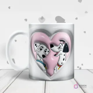 Mug blanco con diseño de sublimación 3D inflado de Pongo y Perdita (101 Dálmatas) mirándose sonrientes dentro de un corazón rosa.