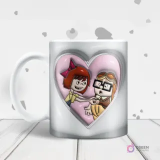 Mug blanco con diseño de sublimación 3D inflado de Carl y Ellie de jóvenes (Up) tomados de la mano dentro de un corazón rosa.
